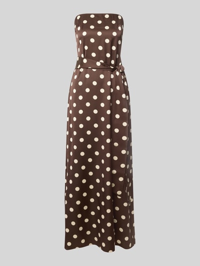 Produktfoto, braunes Figurbetontes Abendkleid mit Viskose-Anteil von Jake*s Cocktail mit cremefarbenen Punkten auf glatter Oberfläche