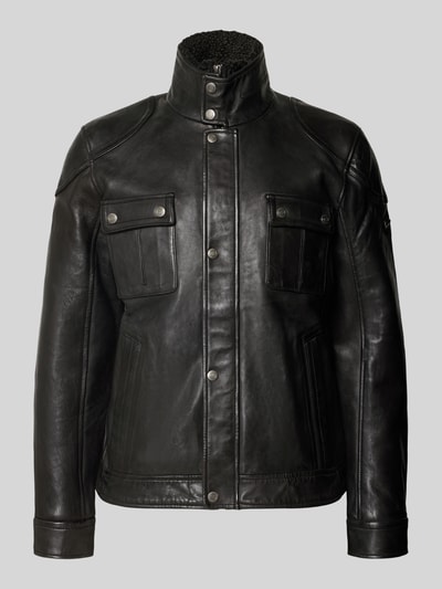 Produktfoto, Lederjacke im Biker-Look Modell 'GARRECK' von MAURITIUS, czarna skóra, krój regular fit, stójka, kieszenie na piersi, zapięcie na napy