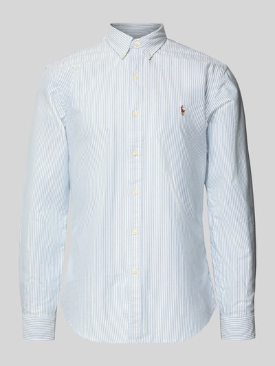 Produktfoto, Slim Fit Vrijetijdsoverhemd uit puur katoen model 'OXFORD' van Polo Ralph Lauren met blauwe strepen, button-downkraag, doorlopende knoopsluiting, labelstitching, langemouwen, maat M ruglengte 79 cm, schouderbreedte 43 cm, mouwlengte 66 cm.
