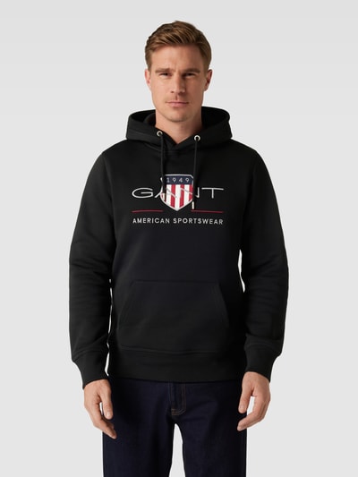 Gant Hoodie met labelstitching en kangoeroezak Zwart - 4