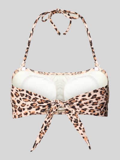 Produktfoto, Bikini-Oberteil mit Schnürung Modell 'NILO SAVARI' von Banana Moon, mieszanka materiałów z dodatkiem streczu, fason bandażowy, dopasowany krój, wiązanie, beżowy z czarnym wzorem panterki, gładka tekstura.