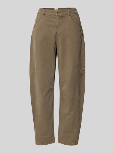Produktfoto, Barrel Jeans im 5-Pocket-Design Modell 'MEGAN' von Brax, Lyocell-mix z bawełną, rozszerzany krój, z ozdobnymi przeszyciami, zapięcie na guzik i zamek, szerokość w rozmiarze 36: 39 cm, długość nogawki od wewnątrz w rozmiarze 36: 69 cm, kolor brązowo-beżowy, matowa struktura