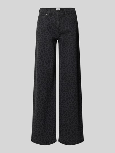 Produktfoto, Wide Fit Jeans mit Allover-Animal-Print Modell 'Medley' von Mustang aus elastischem Baumwoll-Mix, schwarze und graue Töne, gerades Bein, 5-Pocket-Design, Knopf- und Reißverschluss, strukturierte Oberfläche.