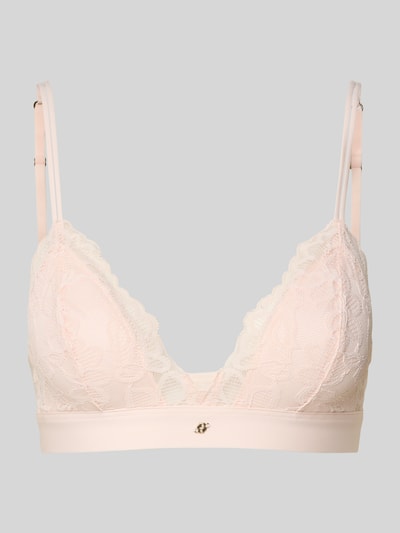 Produktfoto, Bralette aus Spitze Modell 'TRIANGLE_BLOSSOM' von BOSS, jasnoróżowy, wzór koronki, metalowa aplikacja z logo, plisy z tiulu, wyjmowane usztywniane miseczki, regulowane cienkie ramiączka, zapięcie na haftki, jednolity kolor, tekstura koronki