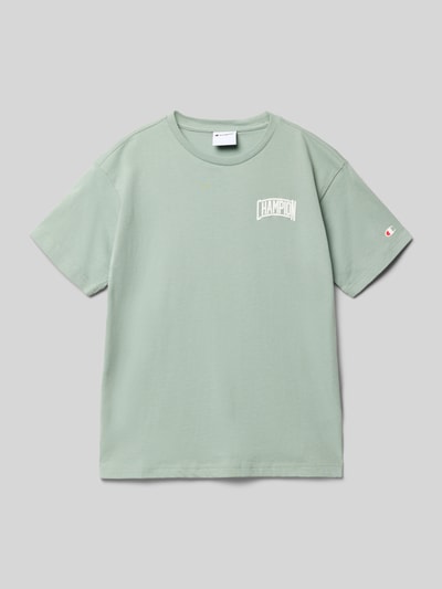 Produktfoto, T-Shirt mit Label-Print und Rundhalsausschnitt von CHAMPION in hellgrüner Baumwolle, Regular Fit, glatte Textur, Vorderansicht.