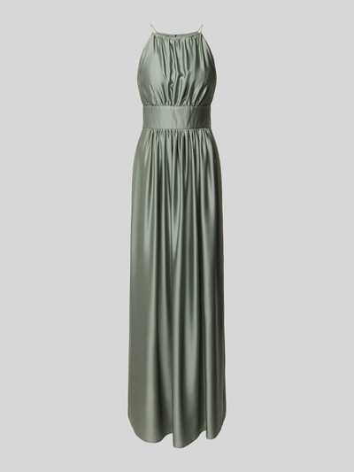Produktfoto, Abendkleid mit rückseitigem Schlüsselloch-Ausschnitt von Swing, aus grünem Satin, tailliert, Maxilänge, Rundhalsausschnitt, Spaghettiträger, raffinierte Textur.