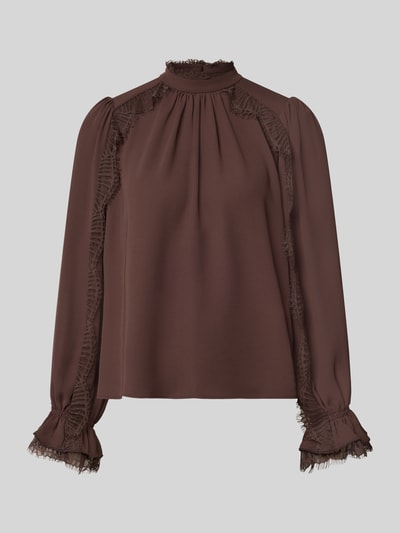 Produktfoto, Regular Fit Bluse mit Spitzenbesatz van Marc Cain in bruin chiffon met opstaande kraag, ruglengte maat 36: 54 cm, mouwlengte maat 36: 63 cm