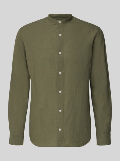 Produktfoto, Koszula casualowa z mieszanki bawełny i lnu model 'BREEZE' od JACK & JONES, krój regular fit, kolor oliwkowy, stójka, listwa guzikowa, długość tyłu w rozmiarze M: 75 cm, szerokość ramion w rozmiarze M: 48 cm, długość rękawów w rozmiarze M: 64 cm