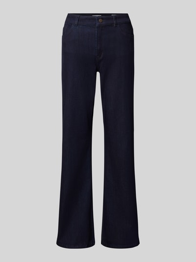 Produktfoto, Bootcut Fit Jeans aus elastischem Baumwoll-Mix von Christian Berg Woman in Dunkelblau, 5-Pocket-Design, mittlere Bundweite, glatte Struktur, sichtbare Gürtelschlaufen und Knopfverschluss
