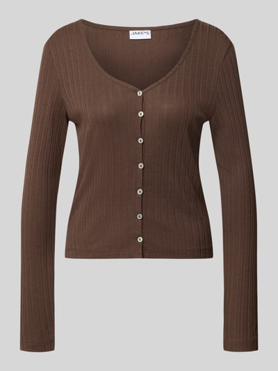 Produktfoto, braunes Pyjama-Oberteil in Ripp-Optik mit V-Ausschnitt und Knopfleiste von Jake*s Casual, Baumwoll-Modal-Mix, Slim-Fit