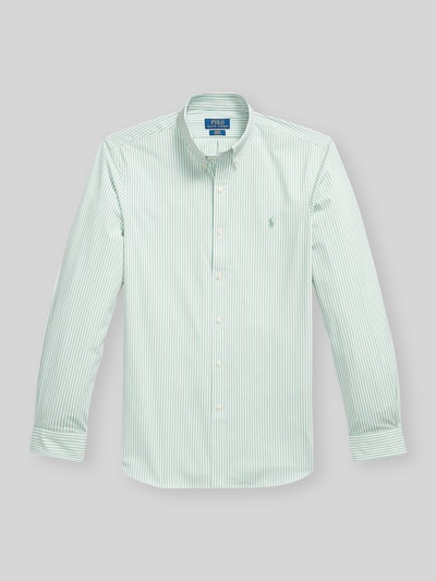Produktfoto, Slim Fit Freizeithemd aus Baumwoll-Mix von Polo Ralph Lauren mit Optik:Allover-Muster, gestreift, Logo-Stitching, Langarm, Button-Down-Kragen, Sportmanschette, Flammgarn, grün-weiß.