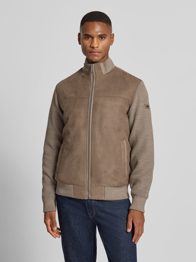 bugatti Gebreid jack met suède aan de voorkant en opstaande kraag Taupe - 4