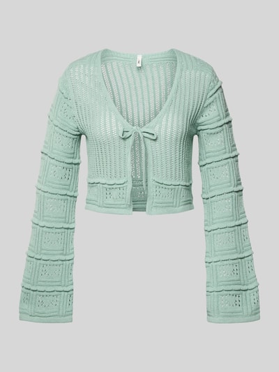 Produktfoto, Regular Fit Strickjacke aus Baumwoll-Mix Modell 'NATALIE' von Only, Optik: Unifarben, Ajour-Strick, Verschluss: Schnürung, Ärmelform: Trompetenärmel, Farbe Mintgrün, strukturierte Oberfläche
