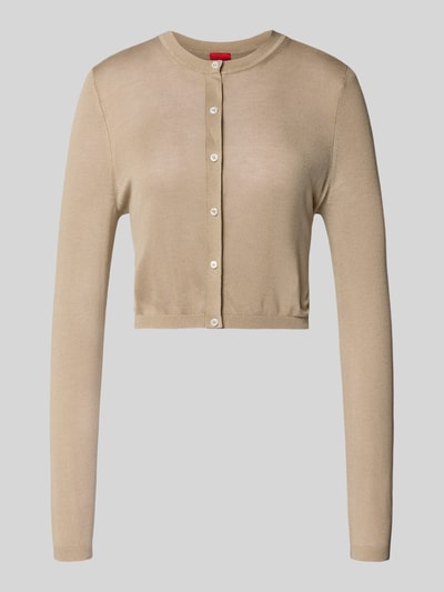Produktfoto, Slim Fit Strickjacke aus Viskose-Seiden-Mix Modell 'SESSIRY' von HUGO in Beige, unifarben, Feinstrick, einreihige Knopfleiste