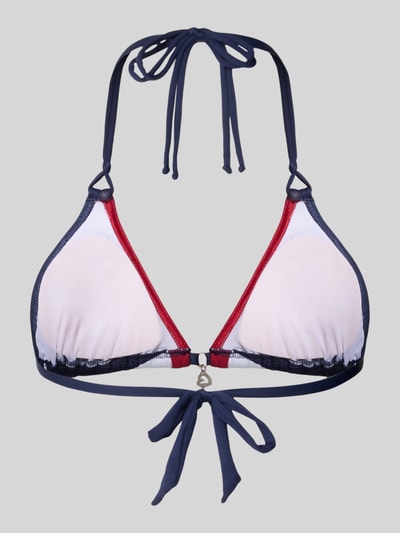 Produktfoto, Bikini-Oberteil mit Schnürung Modell 'BLUCO NAVY' von Banana Moon, Marineblau, Rot und Weiß, Material-Mix mit Stretch-Anteil, körpernahe Passform, Damen, glatte Textur