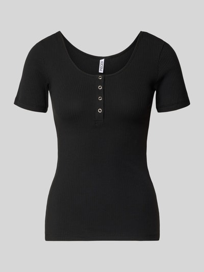 Produktfoto, Slim Fit T-Shirt aus Bio-Baumwoll-Mix Modell 'KITTE' von Pieces, czarny, jednolity, krój slim fit, dekolt łódka, krótki rękaw, prążkowany materiał