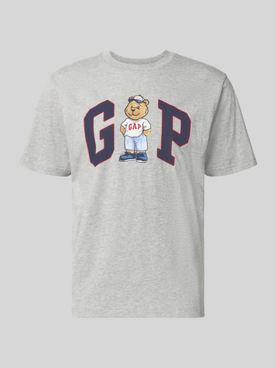 Produktfoto, Regular Fit T-Shirt mit Logo-Print von GAP aus reiner bawełna, szary kolor, okrągły dekolt, krój regular fit, nadruk z logo, Długość tyłu w rozmiarze M: 62 cm.