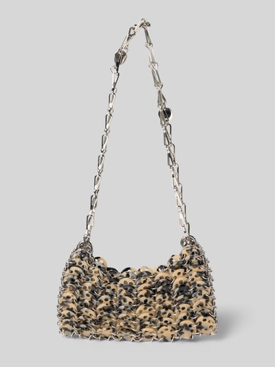 Produktfoto, Shoulder Bag in Ketten-Optik von Rabanne, silberfarbene Ketten, creme-schwarze Glieder, offenes Hauptfach, Logo innen, 20x11x3 cm.