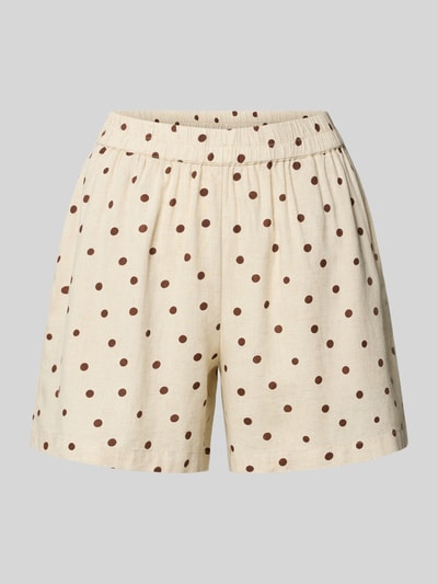 Produktfoto, kremowe Regular Fit Stoffshorts aus Viskose-Leinen-Mix Modell 'Pia' von Pieces z brązowymi grochami, tekstura gładka, Damen Stoffshorts von Pieces