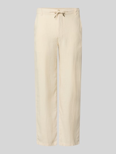 Produktfoto, cremefarbene Leinenhose mit Bindegürtel Modell 'KARL MYKONOS' von Jack & Jones, Leinen-Viskose-Mix, Relaxed-Fit, französische Eingrifftaschen, Gesäßleistentasche, Knopf- und Reißverschluss, Bundweite 41 cm, Innenbeinlänge 78 cm, strukturierte, glatte Oberfläche