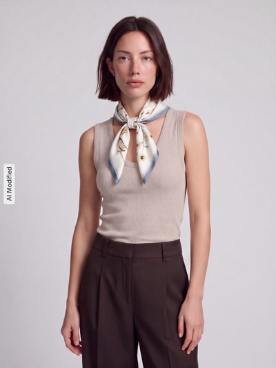 Vrouwenmodel draagt Slim Fit Top uit katoenmix van GAP, lichte beige kleur, gladde stof, eenvoudige vorm, vooraanzicht van het hele lichaam, KI-modificeerd beeld