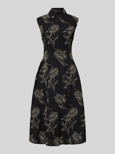 Produktfoto, Hemdblusenkleid im Allover-Look Modell 'CATARINA' von Mango aus Baumwoll-Mix, A-Linie, Midikleid, schwarzer Grund mit beigem Muster, Rückenlänge bei Größe S 129 cm, Brustweite 44 cm