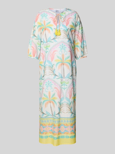 Frauenmodel trägt Relaxed Fit Midikleid mit Schlüssellochausschnitt von Emily Van den Bergh aus Reine Baumwolle, Floraler Allover-Print in Pastellfarben, Halbarm, Länge 120 cm, Größe 36, ganzkörperansicht von vorne.