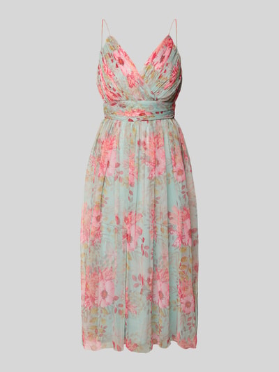 Produktfoto, Cocktailkleid aus Mesh mit Taillenband von LACE & BEADS in Pastellfarben mit floralen Mustern, taillierter Schnitt, Midilänge.