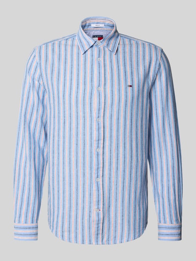 Produktfoto, Regular Fit Freizeithemd aus Leinen-Baumwoll-Mix von Tommy Jeans, mehrfarbig, Gestreift, Kentkragen, Langarm, Flammgarn, Logo-Schriftzug, durchgehende Knopfleiste, Optik, Passform: Regular-Fit, Materialverarbeitung: Leinen-Baumwoll-Mix, Applikation