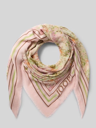 Produktfoto, Schal mit Logo-Print Modell 'Adalia' von JOOP!, Baumwoll-Mix mit Modal-Anteil, rechteckige Passform, rosa mit grünem und braunem Muster, weiche Textur, Breite 130 cm, Länge 130 cm