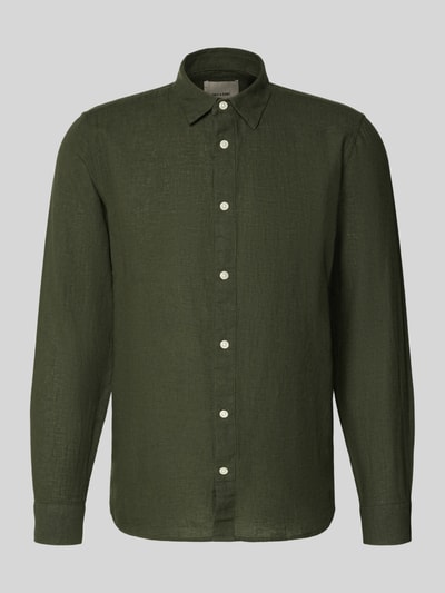 Produktfoto, Slim Fit Freizeithemd aus Baumwoll-Leinen-Mix Modell 'CAIDENLS SOLID' von Only & Sons in Dunkelgrün, Optik: Unifarben, Materialverarbeitung: Flammgarn, strukturierte Oberfläche, durchgehend mit Kentkragen, Knopfleiste und Kombimanschetten.