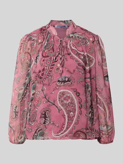 Produktfoto, Regular Fit Bluse mit Schnürung Modell 'Lu44ciaa' von ZABAIONE in kräftigem Pink mit Allover-Print, Stehkragen und langen Ärmeln.