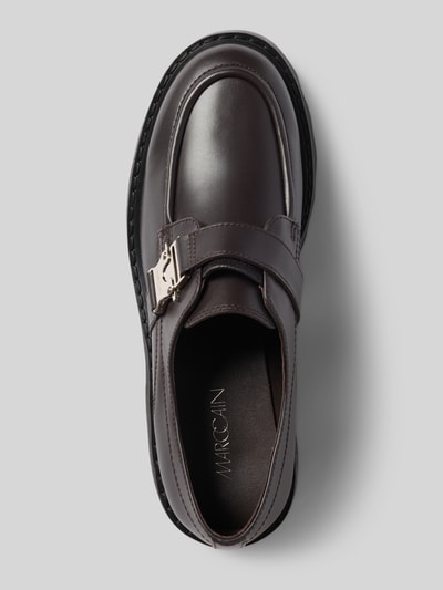 Produktfoto, Loafers mit geprofileerde plateauzool van Marc Cain Bags & Shoes, bruin leer met trensje, gesp en reliëflogo, afgerond model, maat 40 hakhoogte 5 cm, schachthoogte 6 cm, schachtbreedte 11 cm