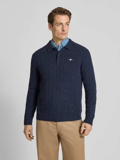 Gant Slim Fit Longsleeve aus reiner Wolle Modell 'Cable' Dunkelblau 4