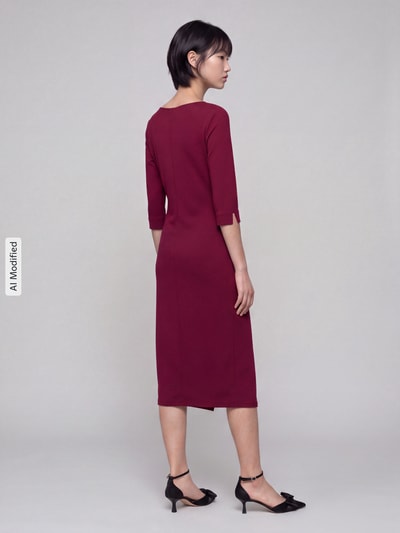Frauenmodel trägt Tailliertes Businesskleid aus Modal-Mix von Tom Tailor in Dunkelrot, glatte Struktur, Ganzkörperansicht Rückansicht, KI-modifiziertes Bild.