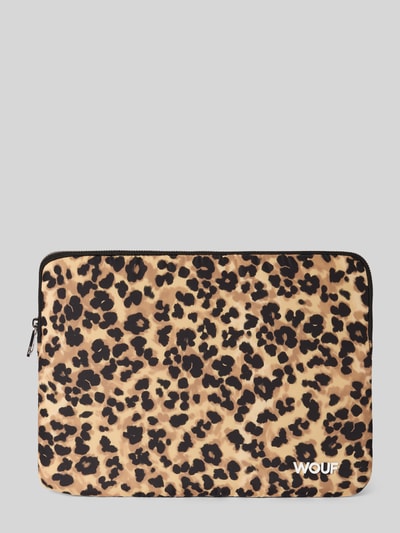 Produktfoto, Laptoptasche mit Allover-Animal-Print Modell 'Feline' von WOUF, Reißverschluss, Logo-Applikation, beżowe i czarne cętki