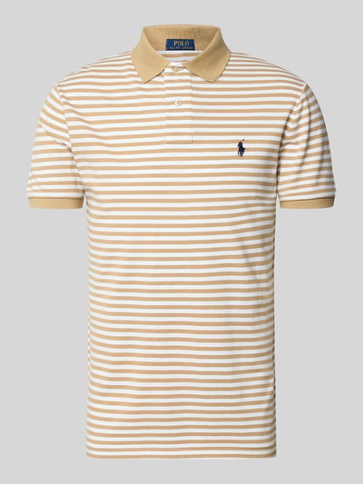 Produktfoto, Slim Fit Poloshirt aus reiner Baumwolle Modell 'YD MESH STRIPE POLO' von Polo Ralph Lauren für Herren, beige-weiße Streifen, Struktur glatt.