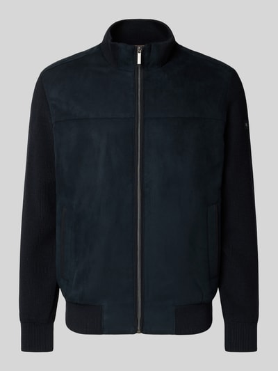 bugatti Gebreid jack met suède aan de voorkant en opstaande kraag Marineblauw - 2