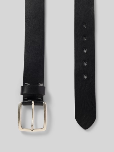 Produktfoto, czarny skórzany pasek z klasyczną srebrną klamrą, model 'Gürtel mit Dornschließe Modell JEANSER' od Lloyd Men's Belts, szerokość 4 cm, tekstura gładka.