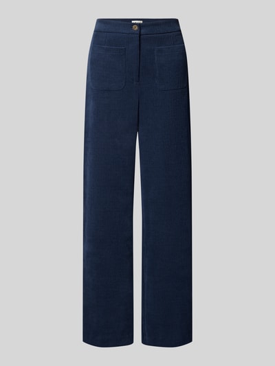 Produktfoto, Relaxed Fit Cordhose mit Stretch-Anteil Modell 'KATE' von ICHI in Dunkelblau mit aufgesetzten Eingrifftaschen und Knopfverschluss, elastischer Material-Mix, strukturierte Cord-Textur, Damen Cordhose