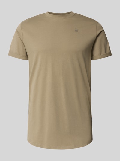Produktfoto, T-shirt met labeldetail van G-star, heren, recht model, biologisch katoen, ronde hals, vaste mouwomslagen, beige kleur