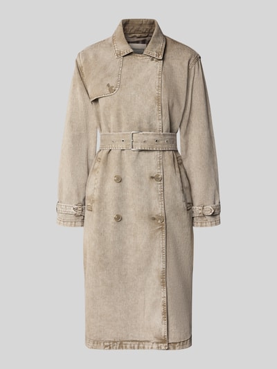 Produktfoto, płaszcz dwurzędowy z paskiem model 'HERA' od khujo, bawełna, prosty krój, imitacja denimu, beżowy, 103 cm długość tyłu, szerokość ramion 43 cm, szerokość w rozmiarze S 48 cm, długość rękawów 55 cm