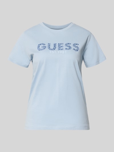Productfoto, lichtblauw T-shirt van katoen met rechte fit, ronde hals, labelprint en strassteenbesatz, T-Shirt met Label-Print und Strasssteinbesatz van Guess, ruglengte maat S 59 cm