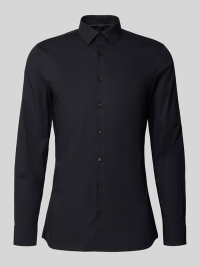 Produktfoto, Super Slim Fit Business-Koszula z kołnierzykiem typu kent od OLYMP No. Six, mieszanka bawełny i elastanu, listwa guzikowa, długość tyłu 81 cm, szerokość ramion 41 cm, długość rękawów 67 cm, kolor czarny, gładka faktura.