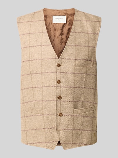 Produktfoto, Weste aus Woll-Mix mit V-Ausschnitt Modell 'Wilson' von Carl Gross, beiges Karomuster, Knopfleiste, Eingrifftaschen, Regular Fit