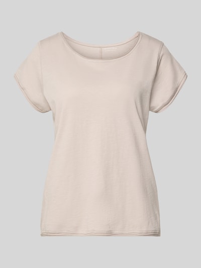 Produktfoto, T-Shirt mit Rundhalsausschnitt von Christian Berg Woman, damski t-shirt z bawełny, krój regular fit, zrolowany brzeg, długość tyłu w rozmiarze S: 61 cm, jasny beż, gładka faktura