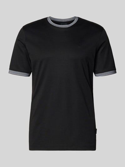 Produktfoto, T-Shirt mit Rundhalsausschnitt von bugatti, czarny bawełniany miks, krój regular fit, detal z logo, długość tyłu w rozmiarze M: 70 cm