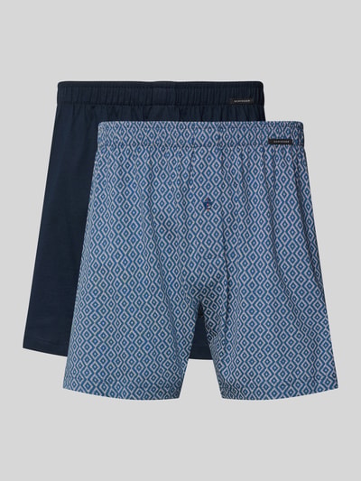 Productfoto, Boxershorts uit pure katoen in 2-pack van Schiesser, losvallende fit, elastische tailleband met labeldetail, blauw met patroon.