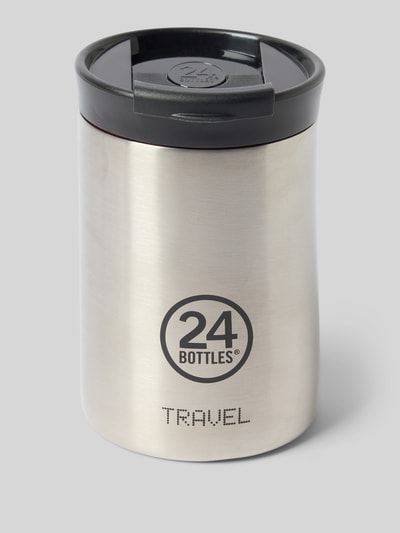 Produktfoto, Becher aus Edelstahl mit Logo von 24bottles, silberfarbene Oberfläche, Deckel mit Trinköffnung, glatte Textur, Damen Becher.
