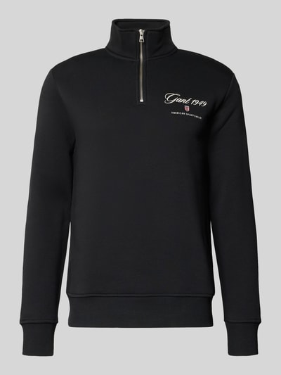 Produktfoto, Sweatshirt mit Stehkragen und Reißverschluss von Gant aus Baumwoll-Mix, Regular-Fit, schwarzen Farbton, Label-Stitching vorn